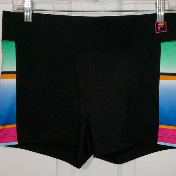 BRAND NEW NWOT FILA SPORT BLACK BIKE SHORTS WITH COLORFUL SIDES - SIZE MEDIUM - Picture 1 of 3